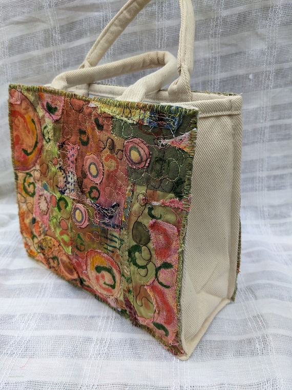 Handmade Upcycled Cotton Small Tote Bag: Embroidered Handmade