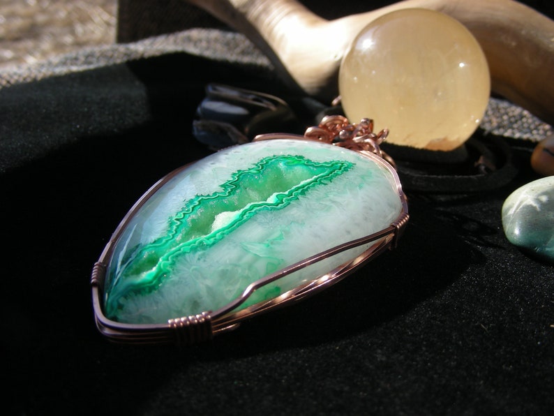 Green and White Crystal Agate Wirewrapped Copper Pendant, Handmade, Leather Necklace, Gemstone, Jewelry, Mens, Womens, Fashion, Jewellery image 5