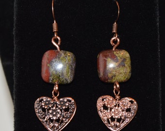 Dragons Blood Jasper, Earrings, Gemstones, Copper Hearts, Dangle Earrings, Handmade Earrings, Dragons, Wirewrapped, Handcrafted, Jewelry