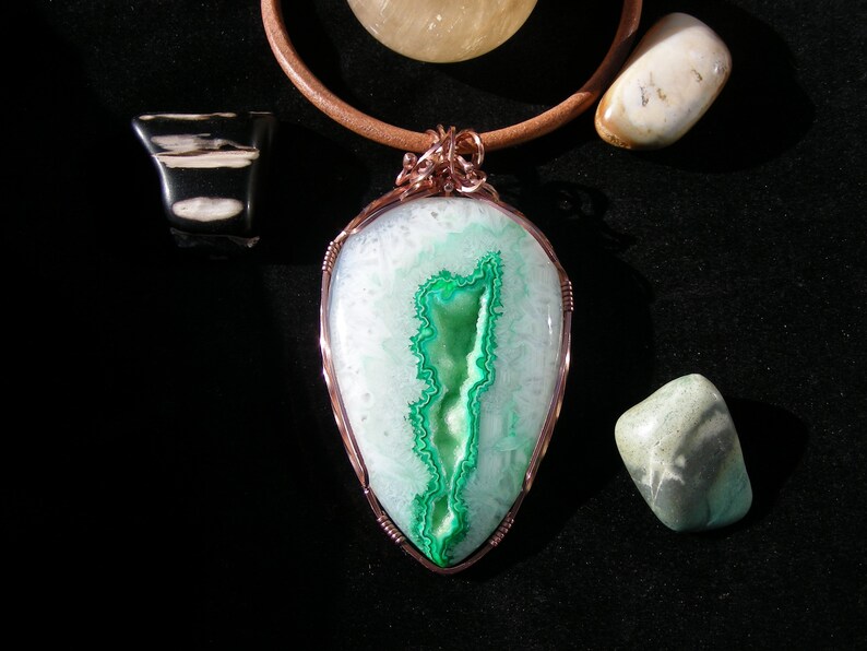 Green and White Crystal Agate Wirewrapped Copper Pendant, Handmade, Leather Necklace, Gemstone, Jewelry, Mens, Womens, Fashion, Jewellery image 10