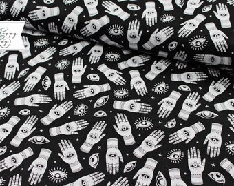 Michael Miller When Stars Align Palmistry Hand Eyes White Black Cotton gothic occult