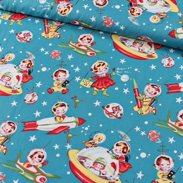 Michael Miller Retro Rocket Rascals Cotton Space Astronaut 50's Vintage Turquoise Mid Century Space