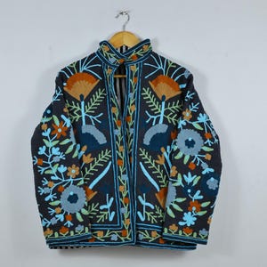 Hand Embroidered Suzani Jacket: Pink Floral Cotton Short Coat Black Suzani jacket