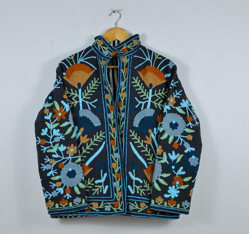 Hand Embroidered Suzani Jacket: Pink Floral Cotton Short Coat Black Suzani jacket
