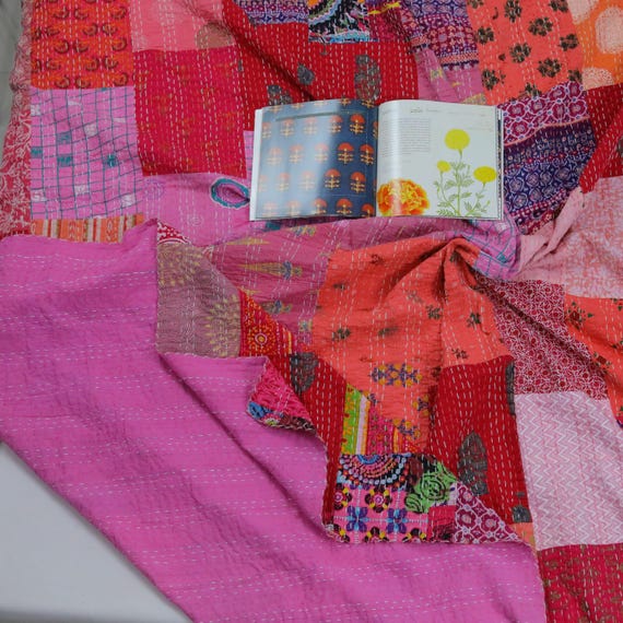Vintage Kantha Quilt: Indian Patchwork Throw Blanket, King Size