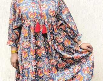 Hand Block Printed Cotton Midi Dress: Balloon Sleeves, Pockets