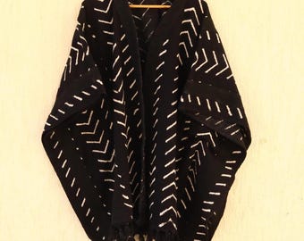 Handloomed Mudcloth Kimono: African Textile Boho Robe with Tassels