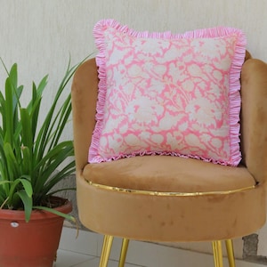 Block Print Ruffle Cushion Cover With Frill style Handmade Cotton Bed Throw Pillows, bohemian pillow cushion cover  Home decor /Free Gift