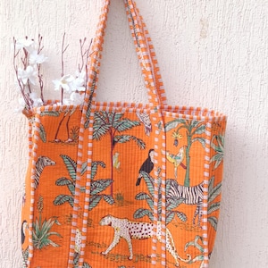 Orange safari print Cotton Quilted Tote bag Indian Handmade Cotton Quilted Bag, Shoulder Bag, hand bags, Christmas Gift For Women&#39;s Tote bag