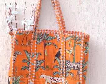 Orange Safari Print Cotton Quilted Tote Bag: Handmade Indian Shoulder Bag