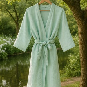 Luxurious Four Layer Muslin Bathrobe, Comfortable Gauze Unisex Long Kimono Robe, Lightweight and Thin Stylish Loungewear, Sage Green Robe