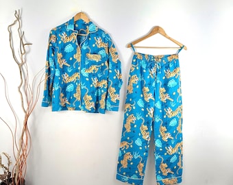 Blue Tiger Print Cotton Pajama Set: Soft Night Wear