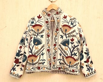 Ivory Suzani Embroidered Cotton Jacket: Boho Short Bomber