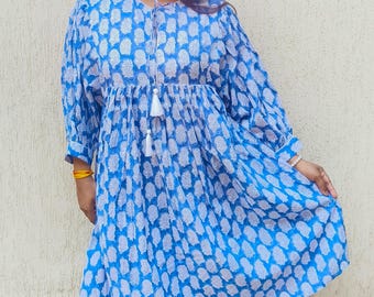 Block Printed Cotton Dress: Bohemian Floral Balloon Sleeve
