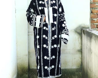 Handmade Suzani Embroidered Velvet Long Jacket - Boho Hippie Style Halloween Special Long Coat