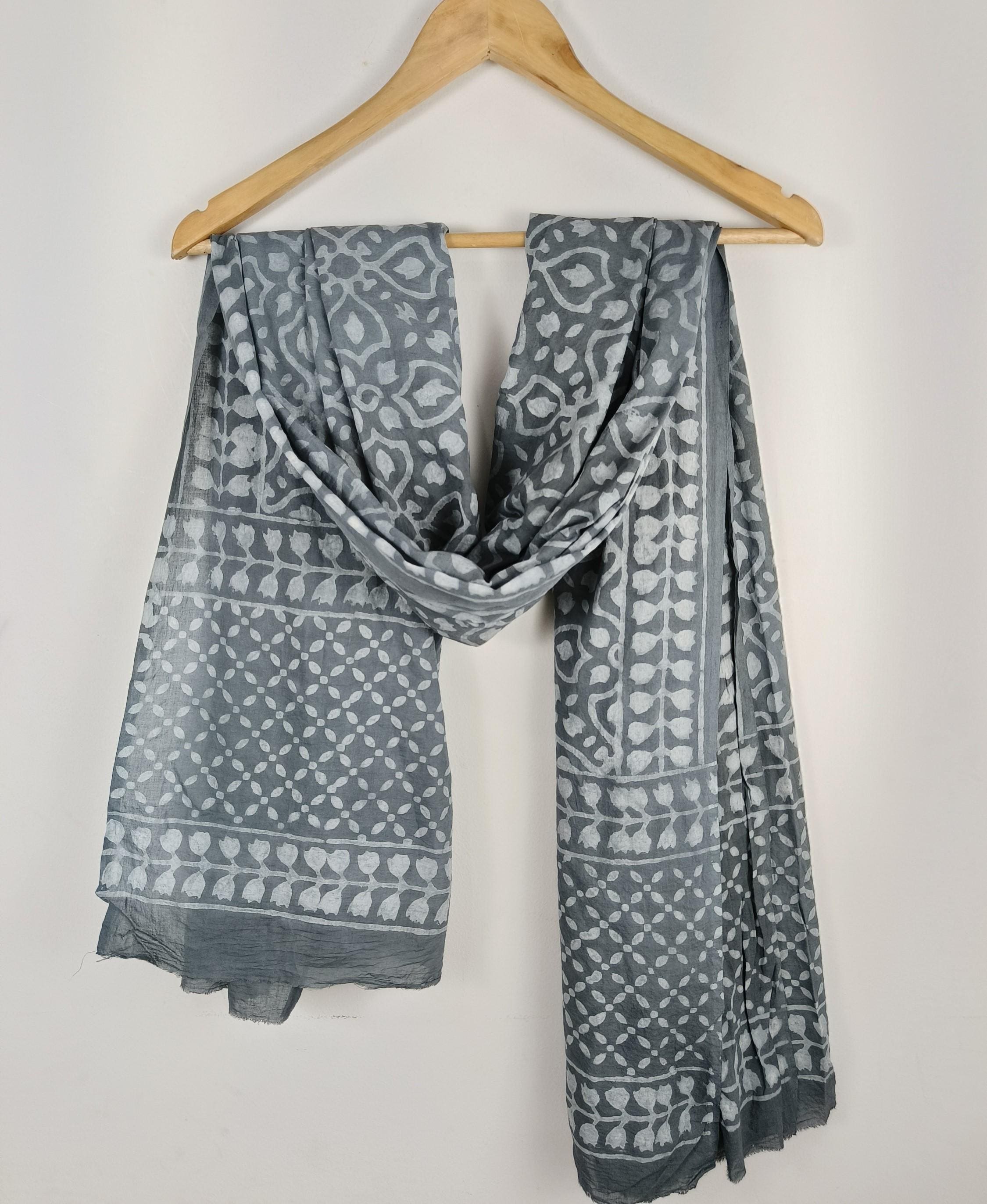 Floral Block Print Cotton Sarong: Grey Beach Cover-Up