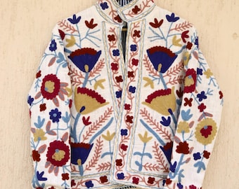 Handmade Suzani Embroidered Short Jacket: Boho Cotton Canvas