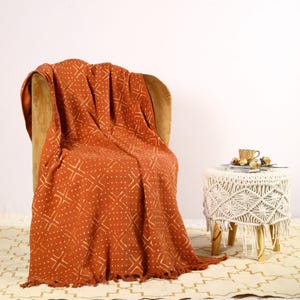 Rust Mud Cloth Throw Blanket Hand Block Printed Cotton Blanket Fringed Rust Cotton Throw with Tassels Bedroom Decor Throw Blanket