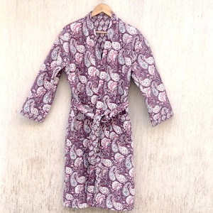 Luxury Quilted Cotton Robe, Block Printed Kimono Robe, Luxury Dressing Gown, Warm Loungewear, Gift for her, Valentine&#39;s Gift Reversible robe