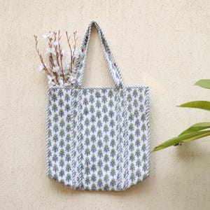 Indian Cotton Hand block printed Quilted Tote Bag, Luxury Floral prints Cotton Tote Bag ,Travel Bag, Washable Bag Eco friendly