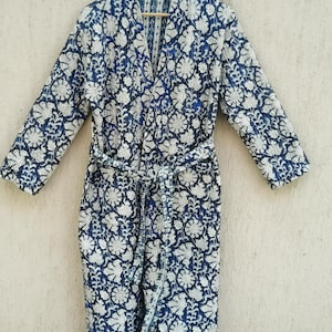 Bata kimono acolchada de algodón con estampado floral reversible