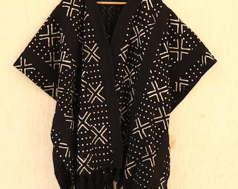 Handmade Mudcloth Print Cotton Shrug: Boho Tassel Kimono
