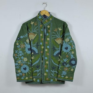 Hand Embroidered Suzani Jacket: Pink Floral Cotton Short Coat Green Suzani jacket