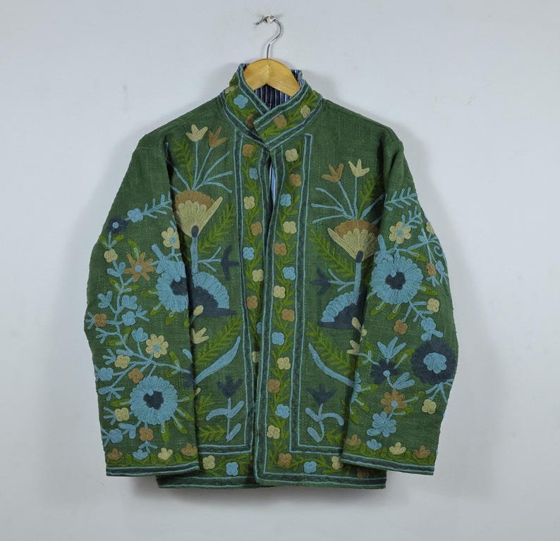 Hand Embroidered Suzani Jacket: Pink Floral Cotton Short Coat Green Suzani jacket