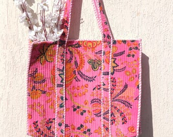 Bolso tote de terciopelo con estampado floral: bolso de compras bohemio acolchado