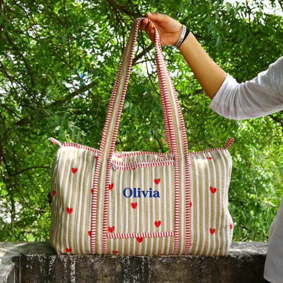 Quilted Cotton Duffle Bag: Striped Heart Weekender, Handmade