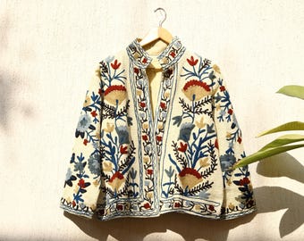 Hand Embroidered Suzani Jacket: Vintage Boho Cotton Short Coat