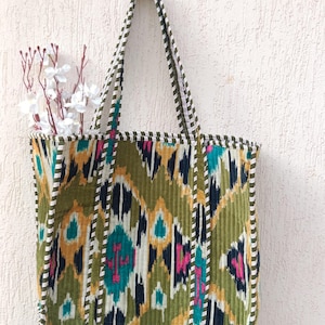 Green Ikat Velvet Tote Bag, Beautiful Gift for her Shoulder Jhola Bag, Cotton Velvet Quilted Tote Bag, Hippie Bag, Weekend Bag, shopping bag