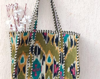 Bolso tote de terciopelo verde Ikat: bolso de hombro de algodón acolchado