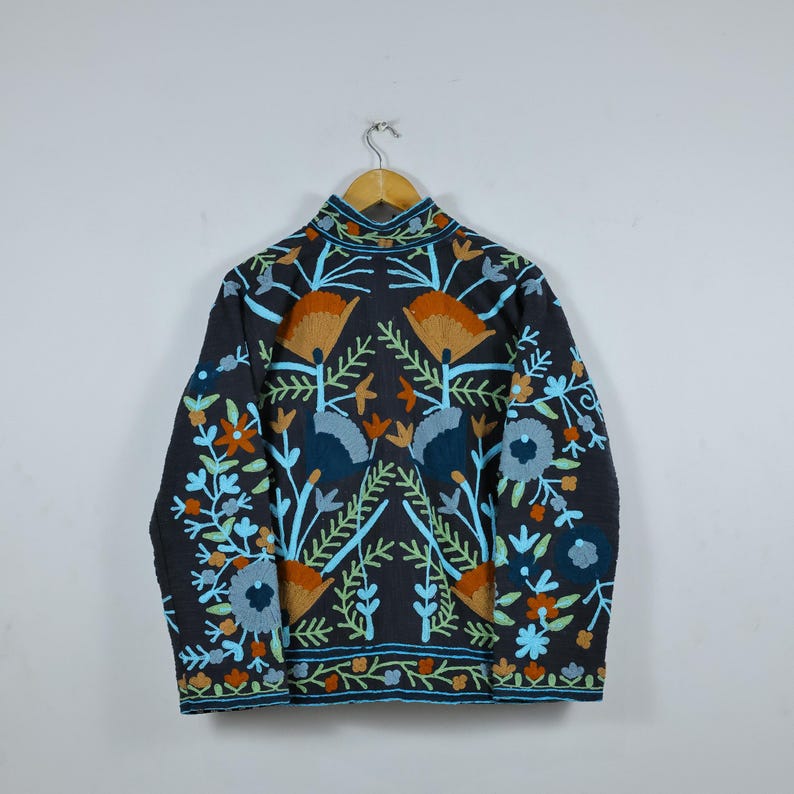 Hand Embroidered Suzani Jacket: Pink Floral Cotton Short Coat image 10