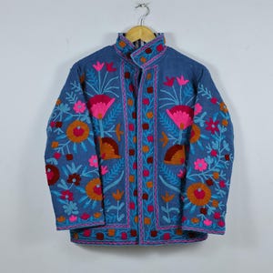 Hand Embroidered Suzani Jacket: Pink Floral Cotton Short Coat Blue Suzani jacket
