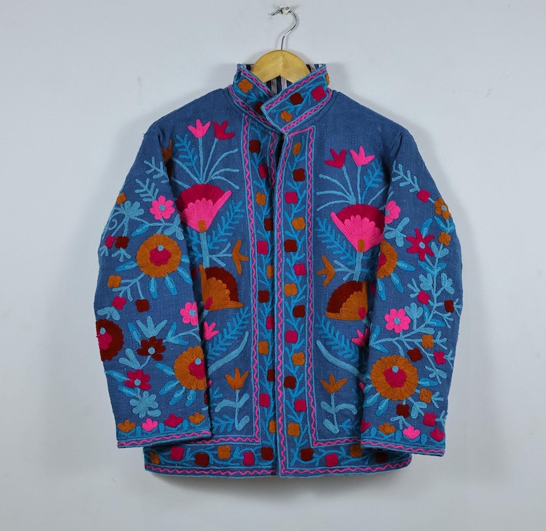 Hand Embroidered Suzani Jacket: Pink Floral Cotton Short Coat Blue Suzani jacket