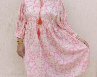 Pink Floral Hand Block Print Cotton Dress: Balloon Sleeve Summer Dress