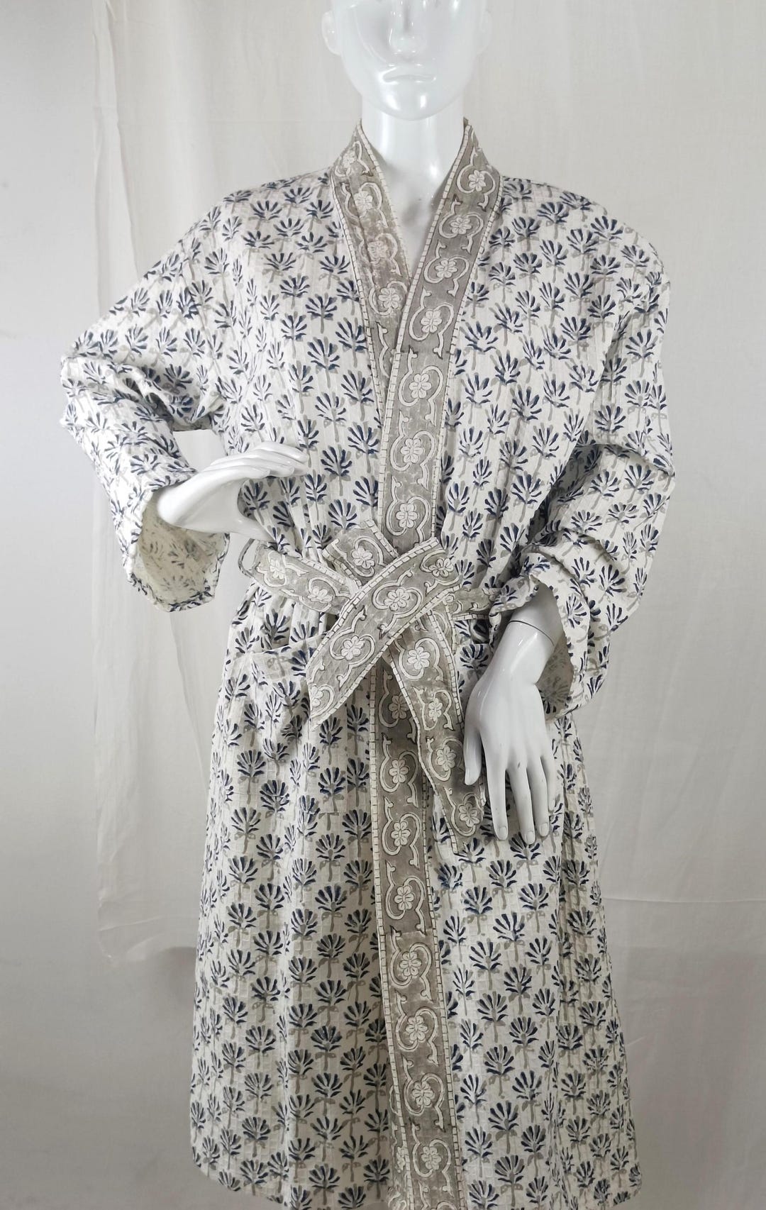 Hand Block Print Cotton Waffle Robe: Unisex Kimono Bathrobe - Etsy