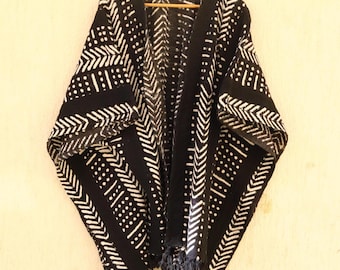 Black Mudcloth Shrug: Handloomed African Style Cotton Wrap with Tassels