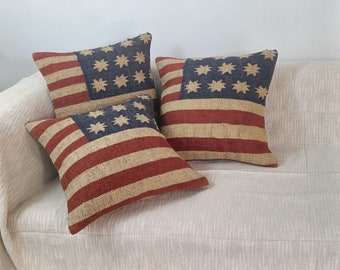 Flag Pattern Set Of 3 Pillow Cover | Decorative Handwoven Kilim Pillow Case | Handmade Jute Wool Sofa Decor Kilim Pillow Cover