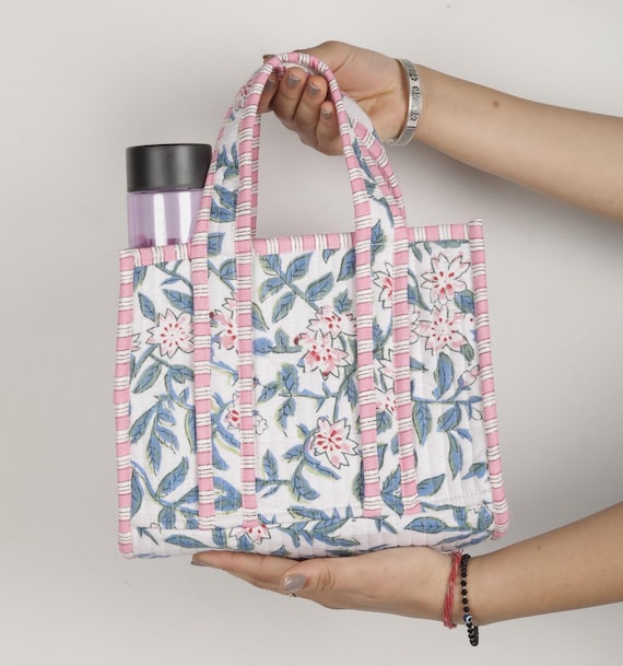 Quilted Cotton Mini Handbag: Floral Abstract Prints Lunch Box Bag