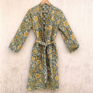 Quilted Unisex robe Cotton Reversible Long Length Dressing Boho Kimono Robe Hand Block print Floral print winters warm cozy kimono robes