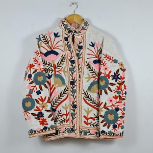 Hand Embroidered Suzani Jacket: Pink Floral Cotton Short Coat Pink Suzani jacket