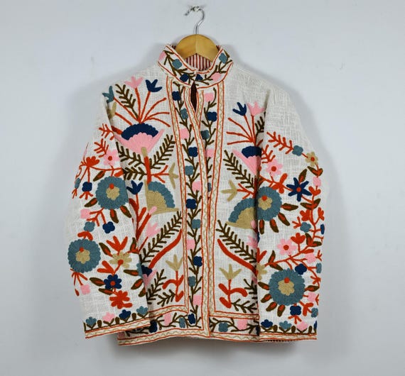 Hand Embroidered Suzani Jacket: Pink Floral Cotton Short Coat