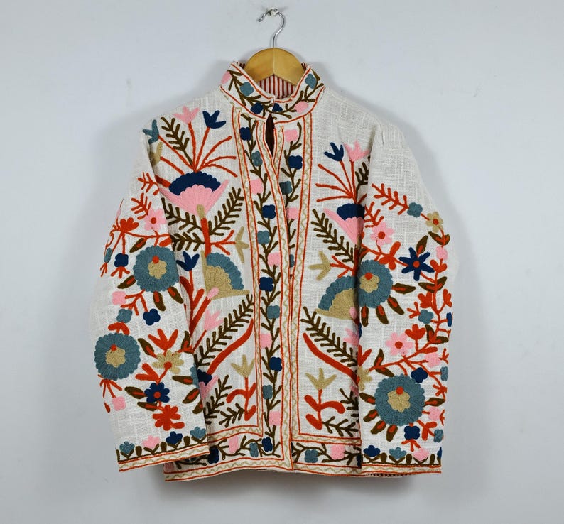 Hand Embroidered Suzani Jacket: Pink Floral Cotton Short Coat Pink Suzani jacket