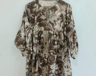 Floral Hand Block Print Cotton Dress: Balloon Sleeve Summer Dress