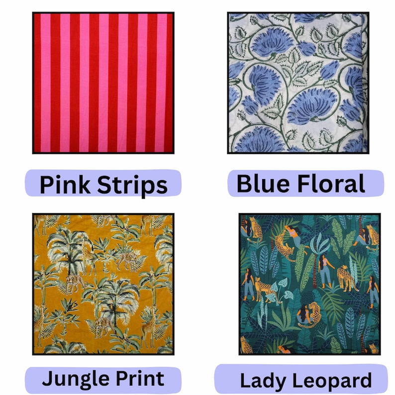 May include: Four fabric swatches: one with vertical pink and red stripes, one with blue floral patterns on white, one with a yellow jungle print featuring giraffes and palm trees, and one with a dark green print of leopards and figures.