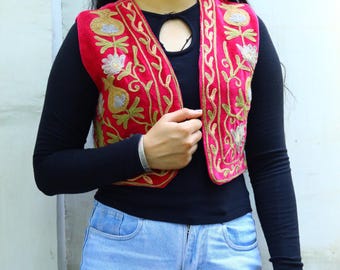 Hand Embroidered Velvet Suzani Vest: Boho Floral Short Coat