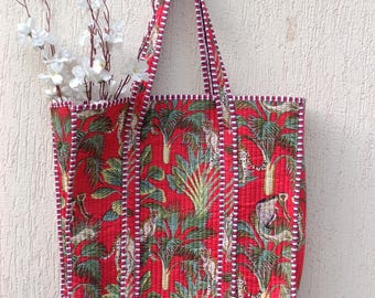 Block Print Cotton Quilted Tote Bag: Floral Travel Shoulder Bag