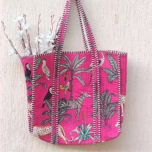 Rosa Safari-Druck gesteppte Einkaufstasche, Einkaufstasche für Damen, Damen-Einkaufstasche Valentinstagsgeschenk für ihre gesteppte Baumwolltasche, Hippie-Einkaufstasche